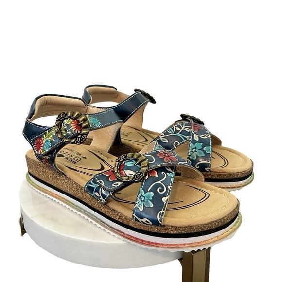 L'Artiste x Jane & Coco Leather Gabriola Platform Sandals Size 9 Navy Multi NIB - Picture 1 of 8
